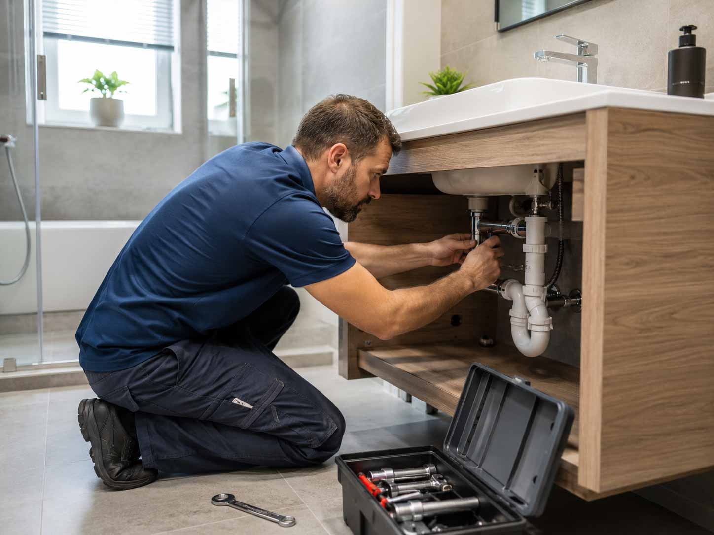a plumber is doing plumbing repair below a sink in bathroom in vancouver bc