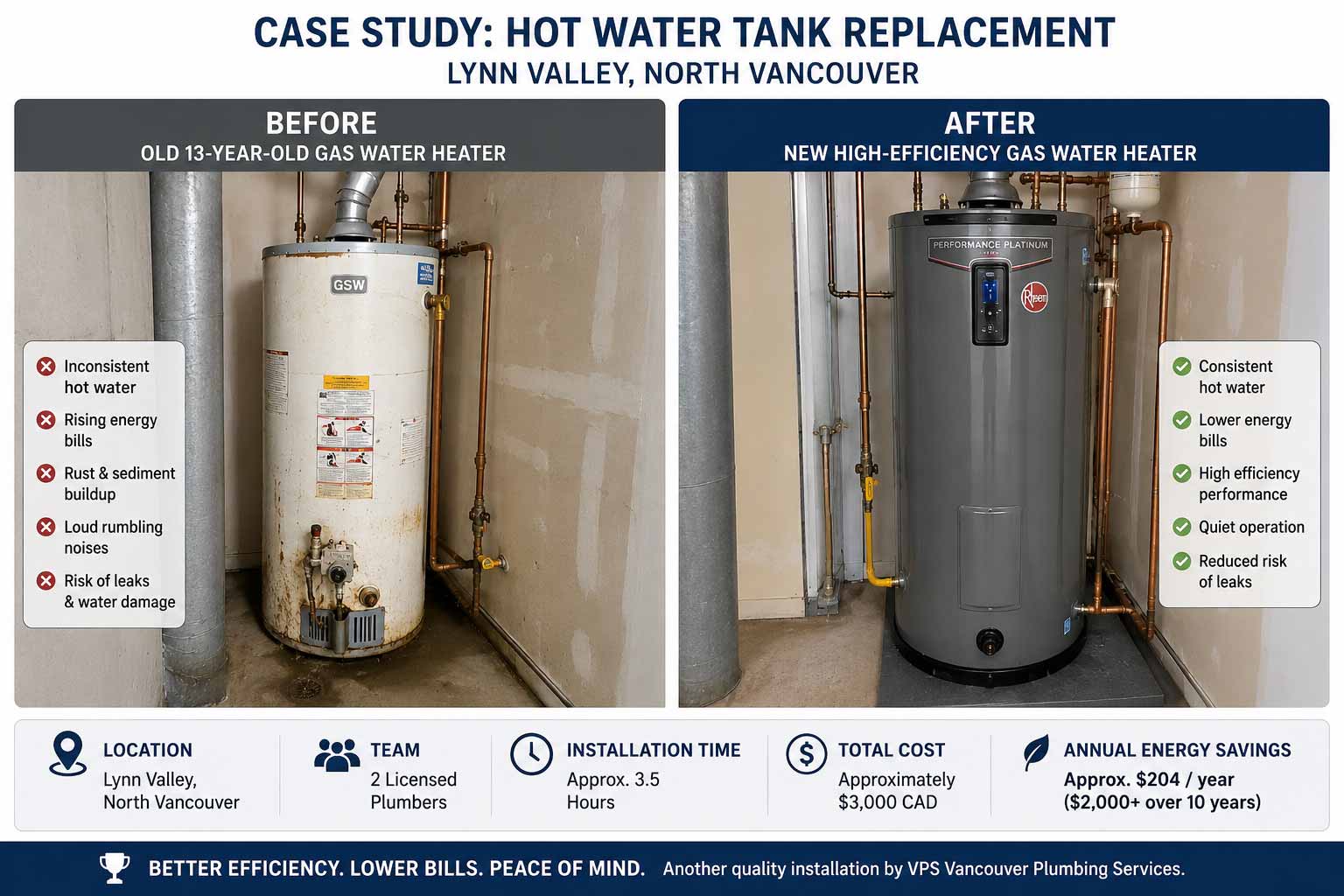 a before after picture of hot water tank replacement in north vancouver