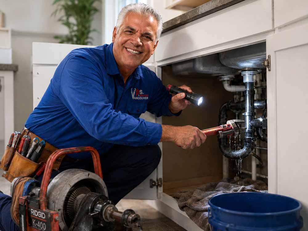 a VPS plumber is repairing a leaking water pipe in Vancouver