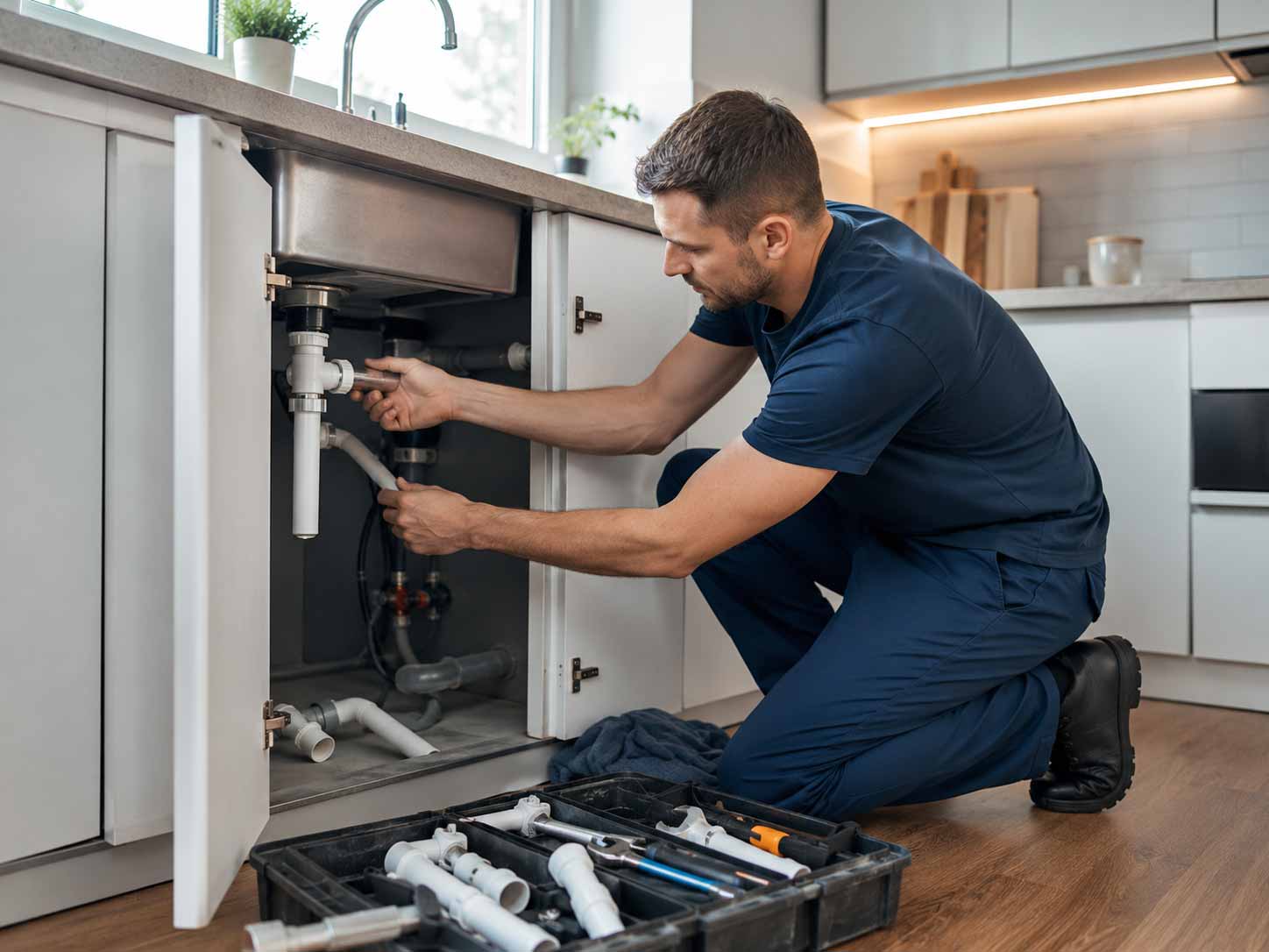 a plumber is repairing sink leakage in a kitchen in vancouver