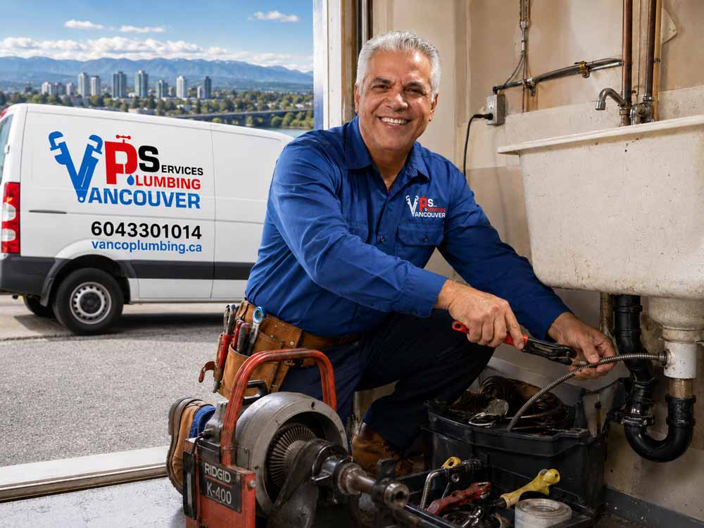 an emergency plumber is repairing a clogged drain in Burnaby