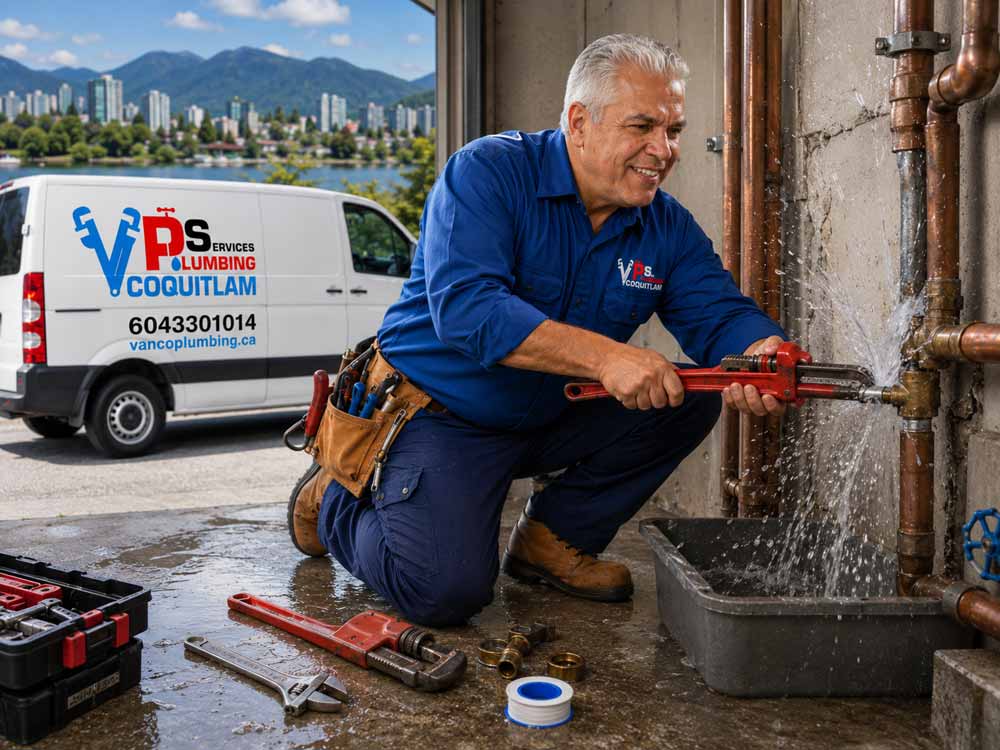 an emergency plumber is repairing a burst pipe in coquitlam