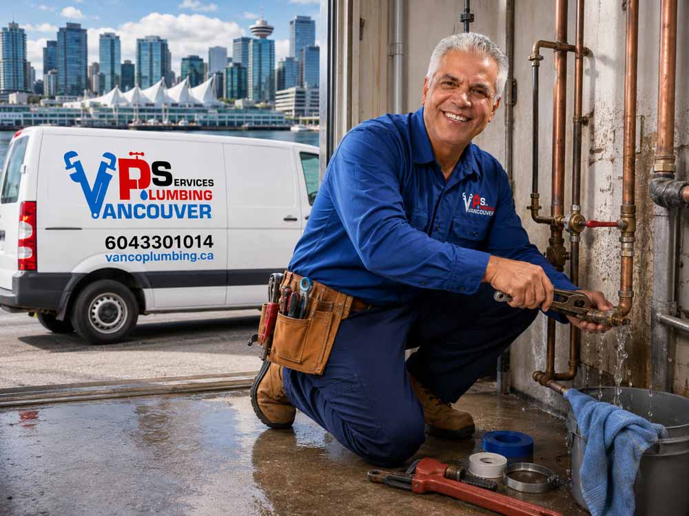 an emergency plumber from VPS is repairing a leaked pipe in downtown Vancouver