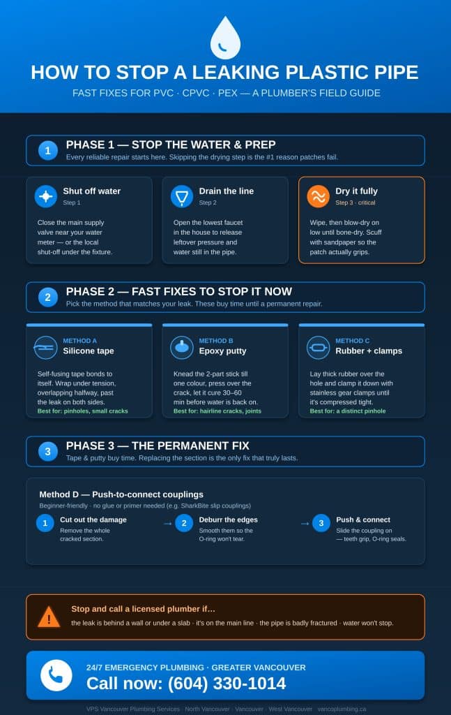 Step-by-step infographic showing how to stop a leak in a plastic pipe